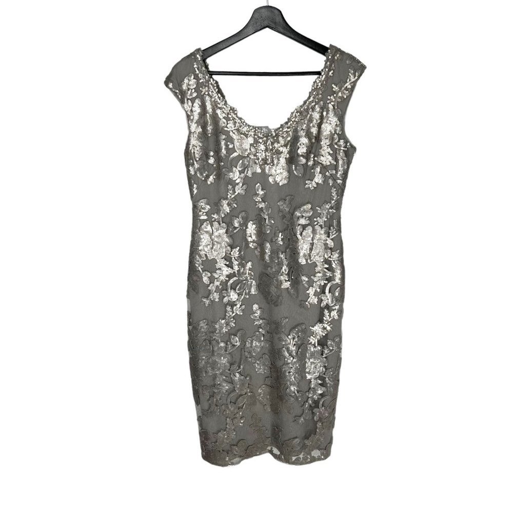 Adrianna Papell Silver Sequin Mesh Short Sleeve Bodycon Knee Length Dress 8